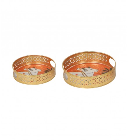 Round Orange Pichwai Tray Set of 2